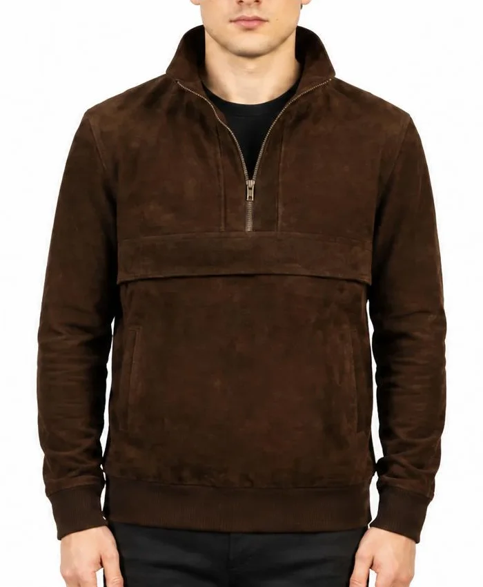 Kenton Hooded Mocha Suede Pullover Jacket For Mens