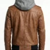Mens Brown Leather Jacket with Detachable Hood