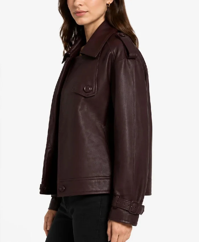Leather Look Bomber Burgundy Jacket For Women