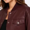 Maroon Cropped Bomber Leather Jacket For Women