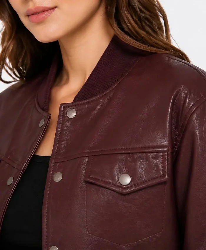 Maroon Cropped Bomber Leather Jacket For Women