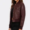 Maroon Cropped Bomber Leather Jacket For Womens