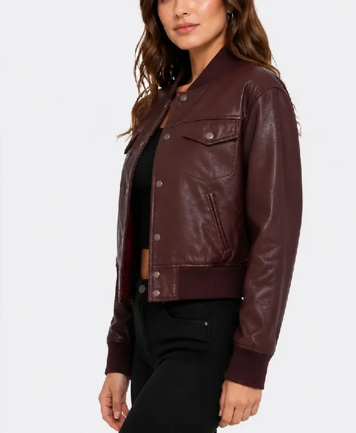 Maroon Cropped Bomber Leather Jacket For Womens