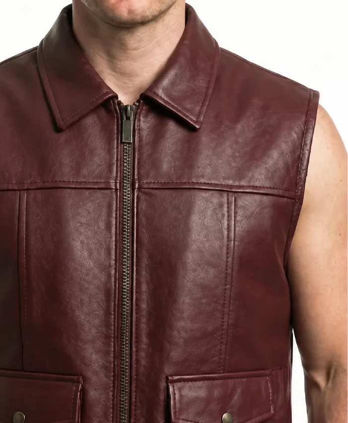 Maroon Genuine Leather Biker Vest Men