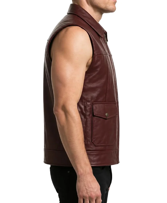 Maroon Genuine Leather Biker Vest Mens