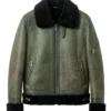 Classic Aviator Style Shearling Trimmed Leather Jacket in Olive Green