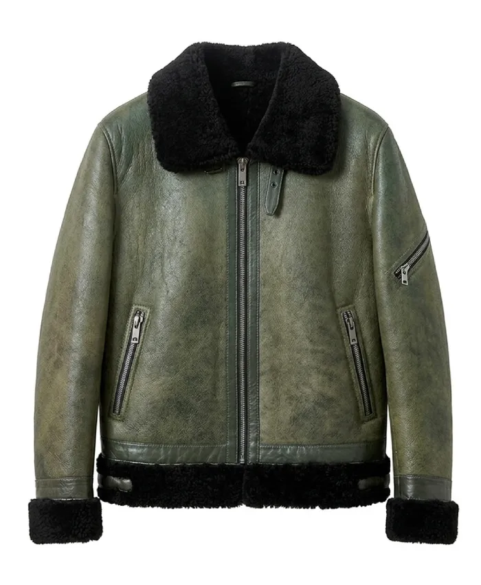 Classic Aviator Style Shearling Trimmed Leather Jacket in Olive Green