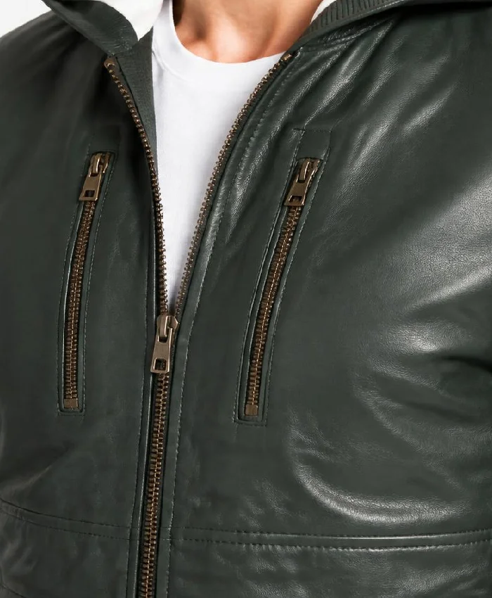 Men Baston Green Hooded Leather Bomber Jacket