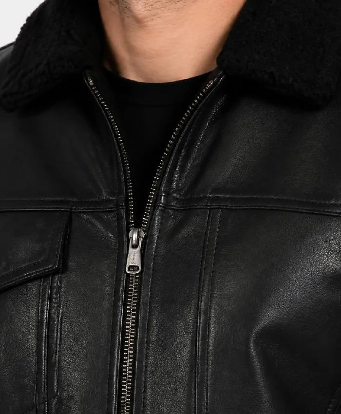 Men Cognac Black Real Leather Trucker Jacket Sherpa Lined