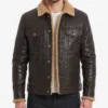 Dark Brown Shearling Trim Real Leather Trucker Jacket for Men