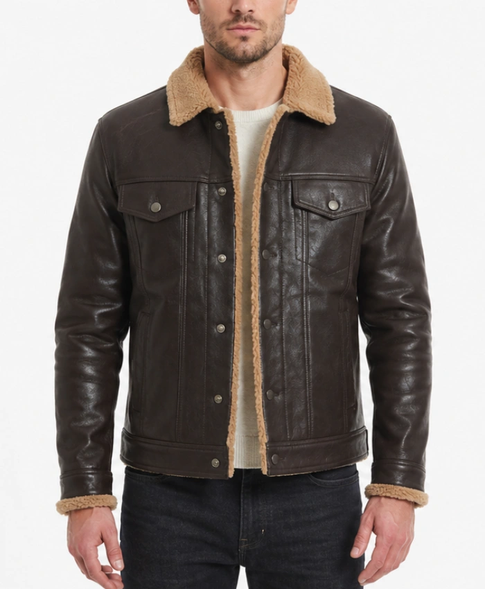 Dark Brown Shearling Trim Real Leather Trucker Jacket for Men