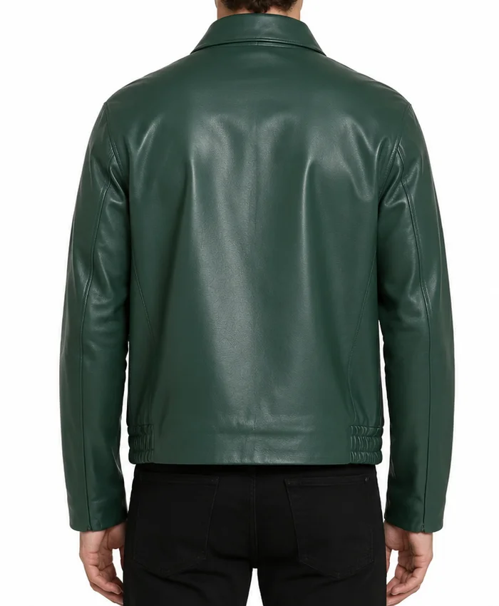 Men Dark Green Leather Bomber Jacket
