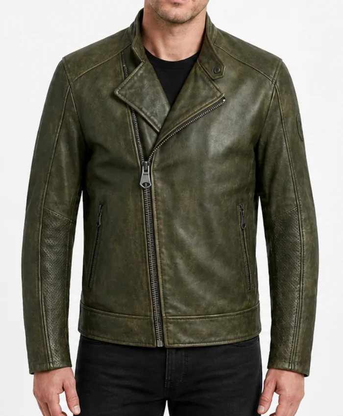 Mens Distressed Green Leather Biker Jacket