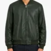 Men Green Leather Bomber Jacket