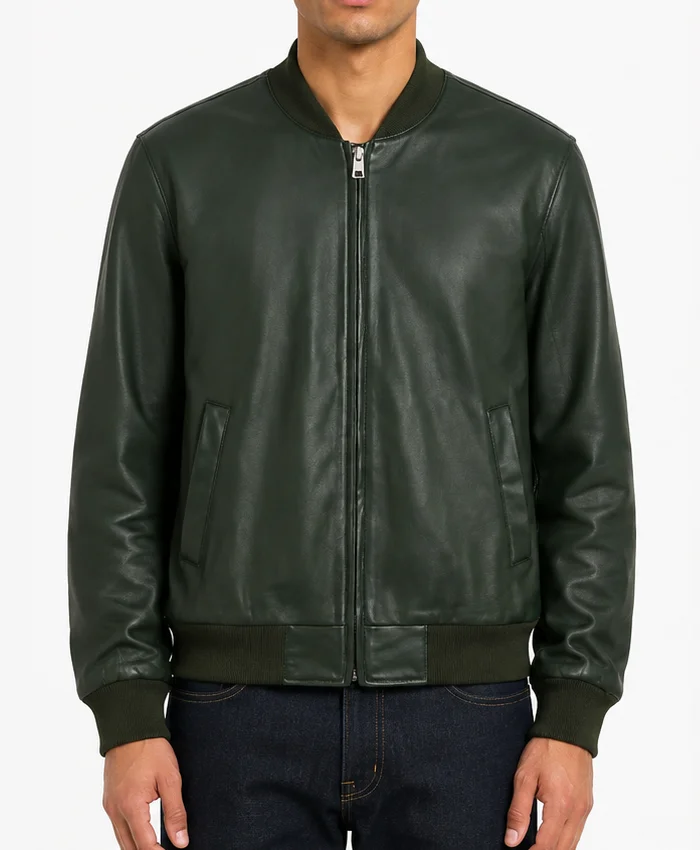 Men Green Leather Bomber Jacket