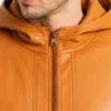 Men Kenton Hooded Brown Leather Pullover Jacket