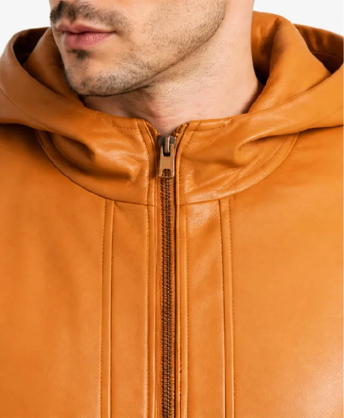 Men Kenton Hooded Brown Leather Pullover Jacket