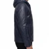 Order Navy Blue Leather Hooded Jacket