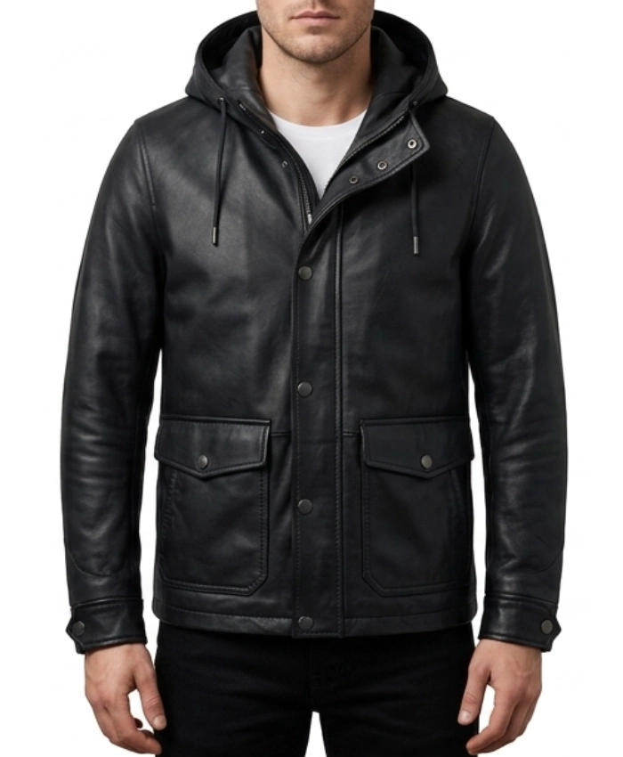 Onyx Black Leather Hooded Jacket
