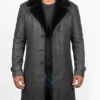Men Shearling Collar Long Leather Trench Coat