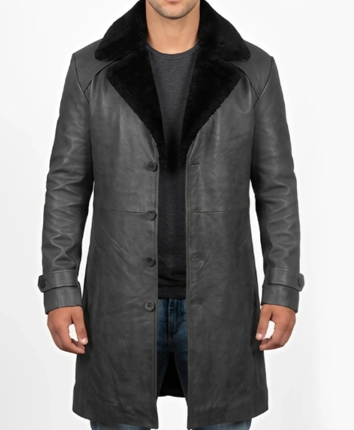 Men Shearling Collar Long Leather Trench Coat