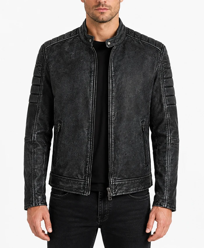 Black Washed Distressed Cafe Racer Leather Jacket