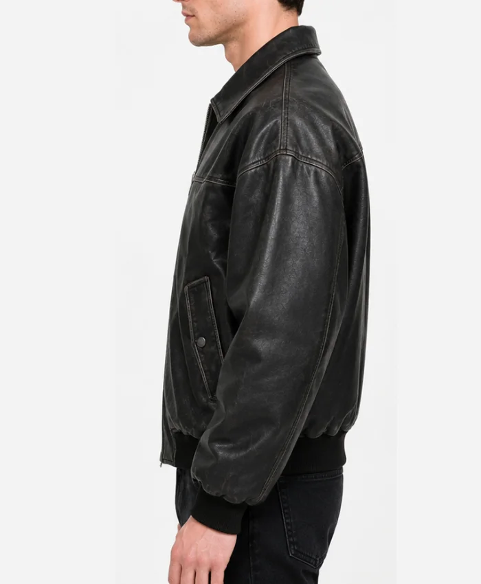 Men Waxed Leather Oversized Black Bomber Drop Shoulder Jacket
