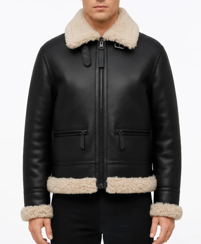 Mens Arctic Chic Leather Flight Black Leather Jacket with Shearling Trim