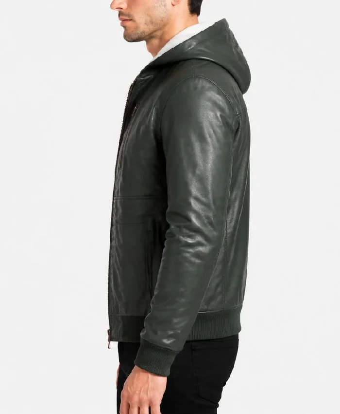 Mens Baston Green Hooded Leather Bomber Jacket