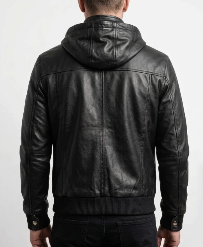 Men's Black Bomber Leather Jacket with Hood