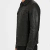 Mens Black Distressed Real Leather Trucker Jacket