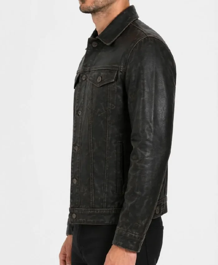 Mens Black Distressed Real Leather Trucker Jacket