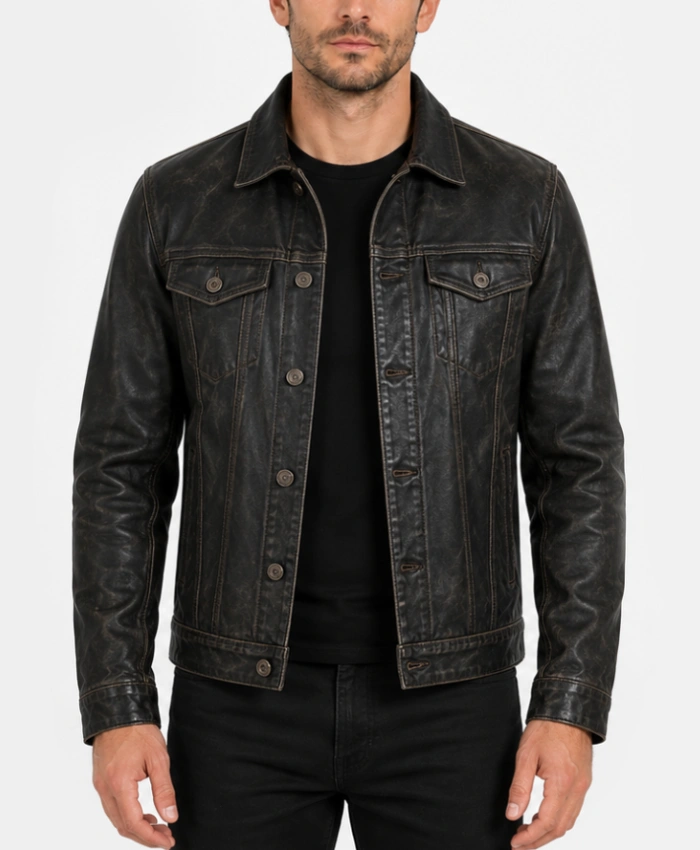Men’s Black Distressed Real Trucker Leather Jacket