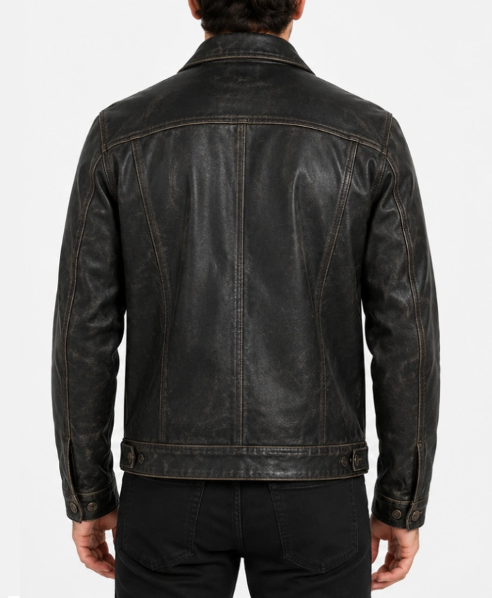 Mens Black Distressed Real Leather Trucker Jacket