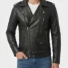 Men's Black Lambskin Asymmetrical Biker Jacket with Belt