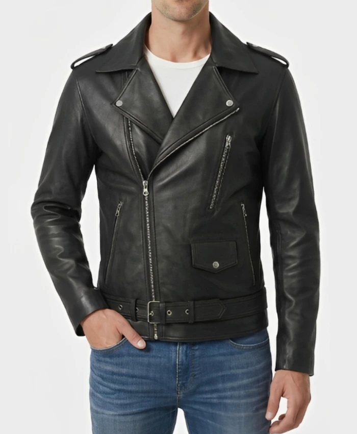 Men's Black Lambskin Asymmetrical Biker Jacket — Belted