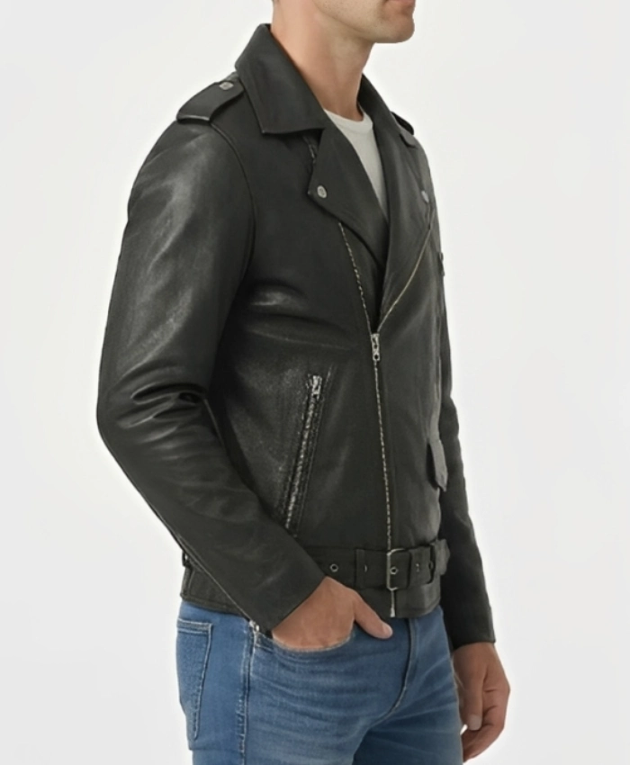 Men's Black Lambskin Asymmetrical Biker Jacket — Belted