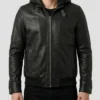 Black Leather Bomber Jacket with Hood for Men