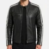 Black Leather Cafe Racer Jacket with White Stripes Mens