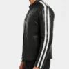 Mens Black Leather Cafe Racer White Stripes Jacket