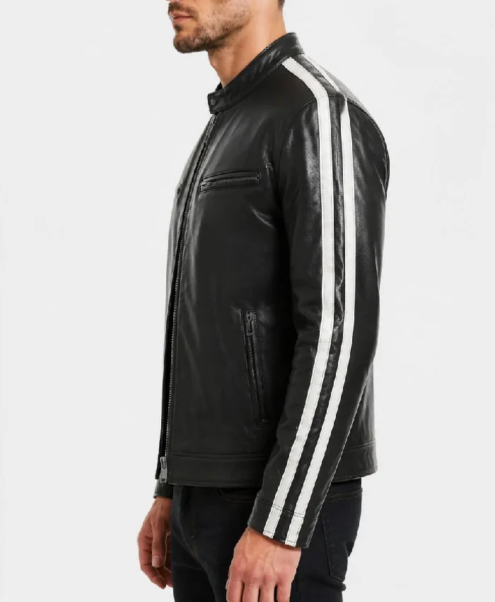 Mens Black Leather Cafe Racer White Stripes Jacket