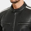 Mens Black Leather Cafe Racer White Stripes Jackets