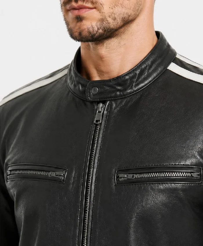 Mens Black Leather Cafe Racer White Stripes Jackets