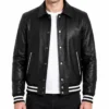 Black Leather Shirt Collar Varsity Jacket for Mens