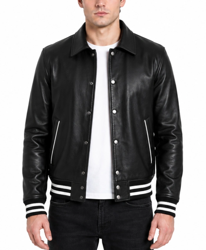 Black Leather Shirt Collar Varsity Jacket for Mens