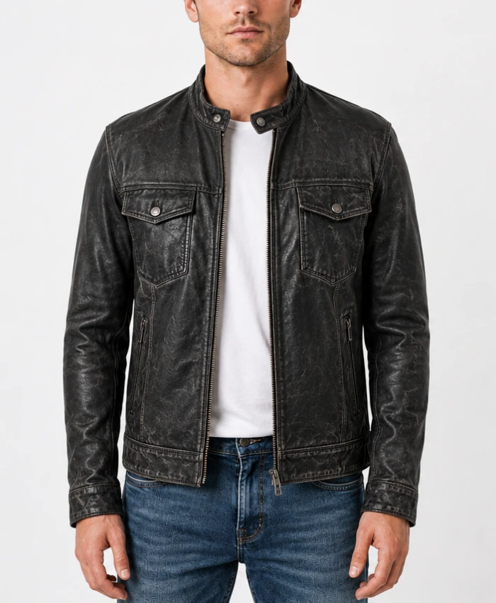 Black Washed Cafe Racer Leather Jacket for Mens