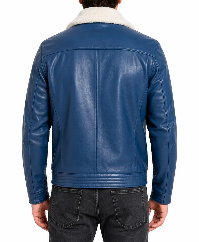 Mens Blue Leather Shealring Collar Jacket