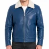 Mens Blue Leather Jacket with white Shealring Collar