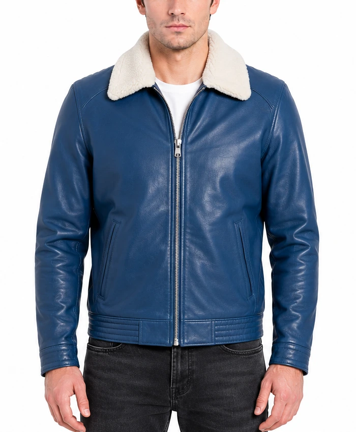 Mens Blue Leather Jacket with white Shealring Collar