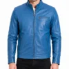 Blue Leather Stand Quilted Jacket for Mens